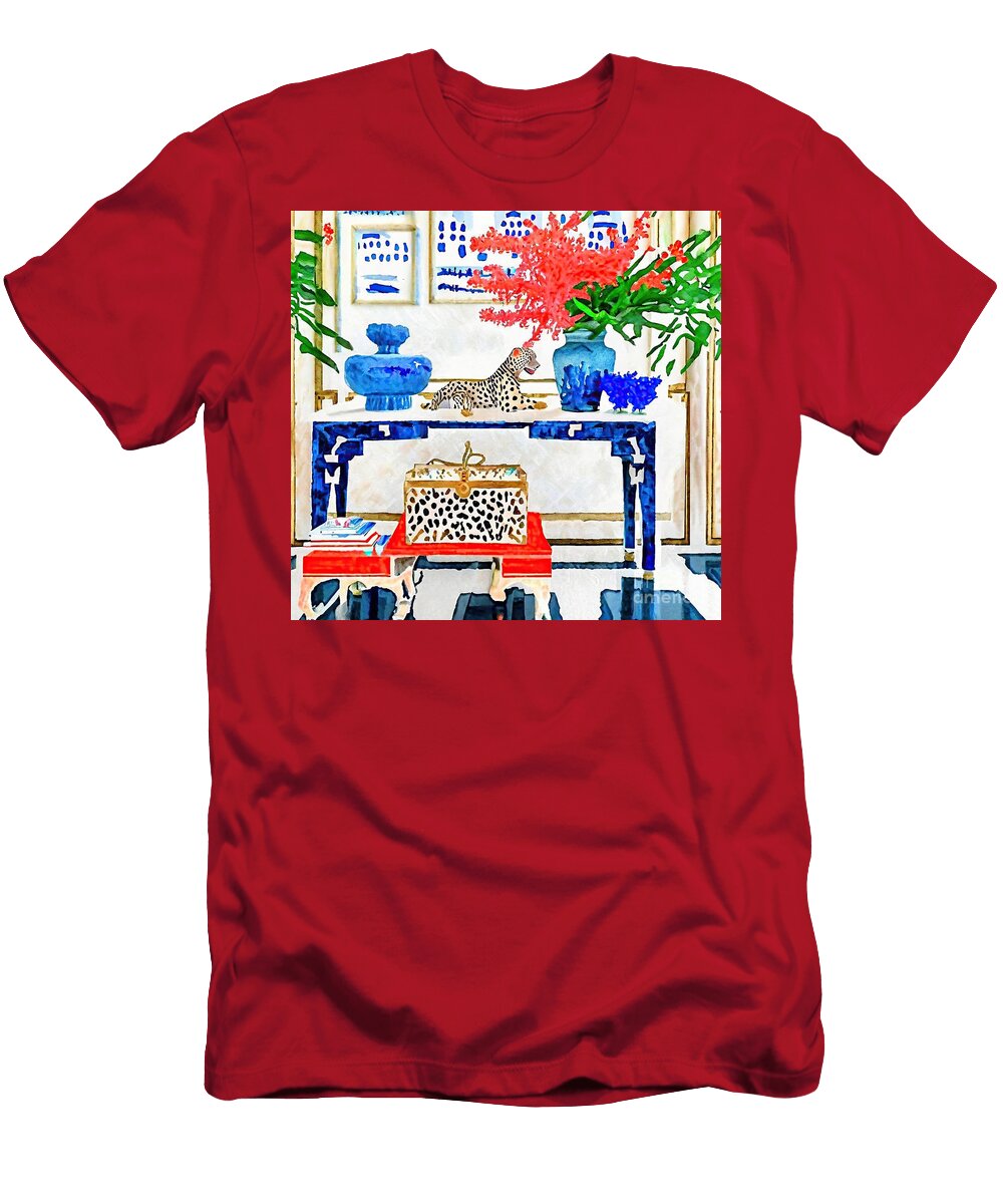 Painting Cheetah and Her Cub in Blue Chinoiserie N Akkash T-Shirt
